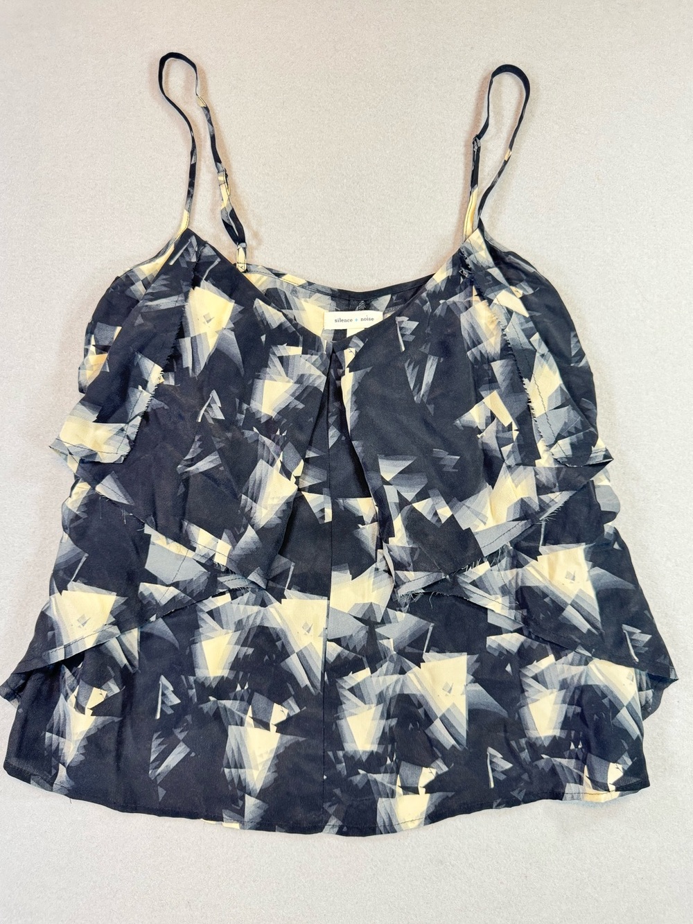 Silence + Noise Black & Cream 100% Silk Geometric Ruffle Cami